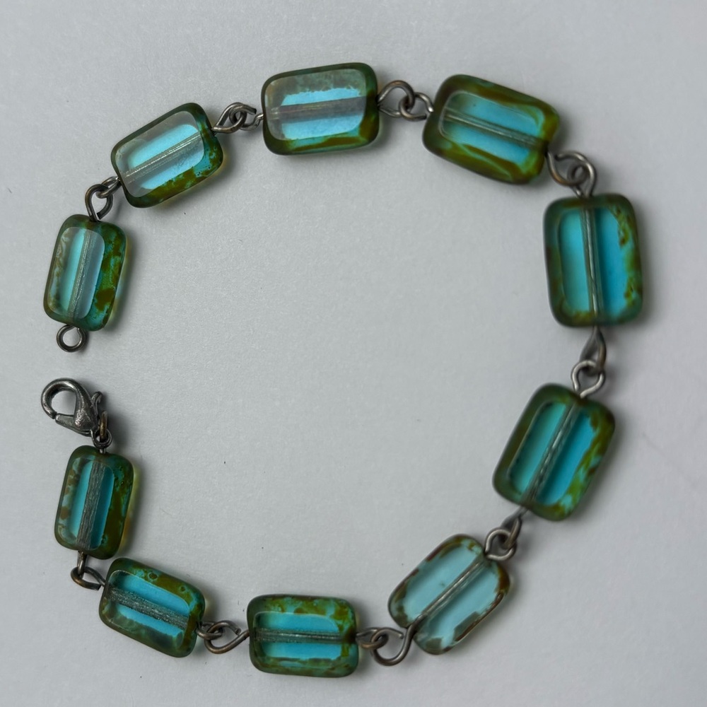 Frosted Green and Blue Picasso Glass Bead Bracelet